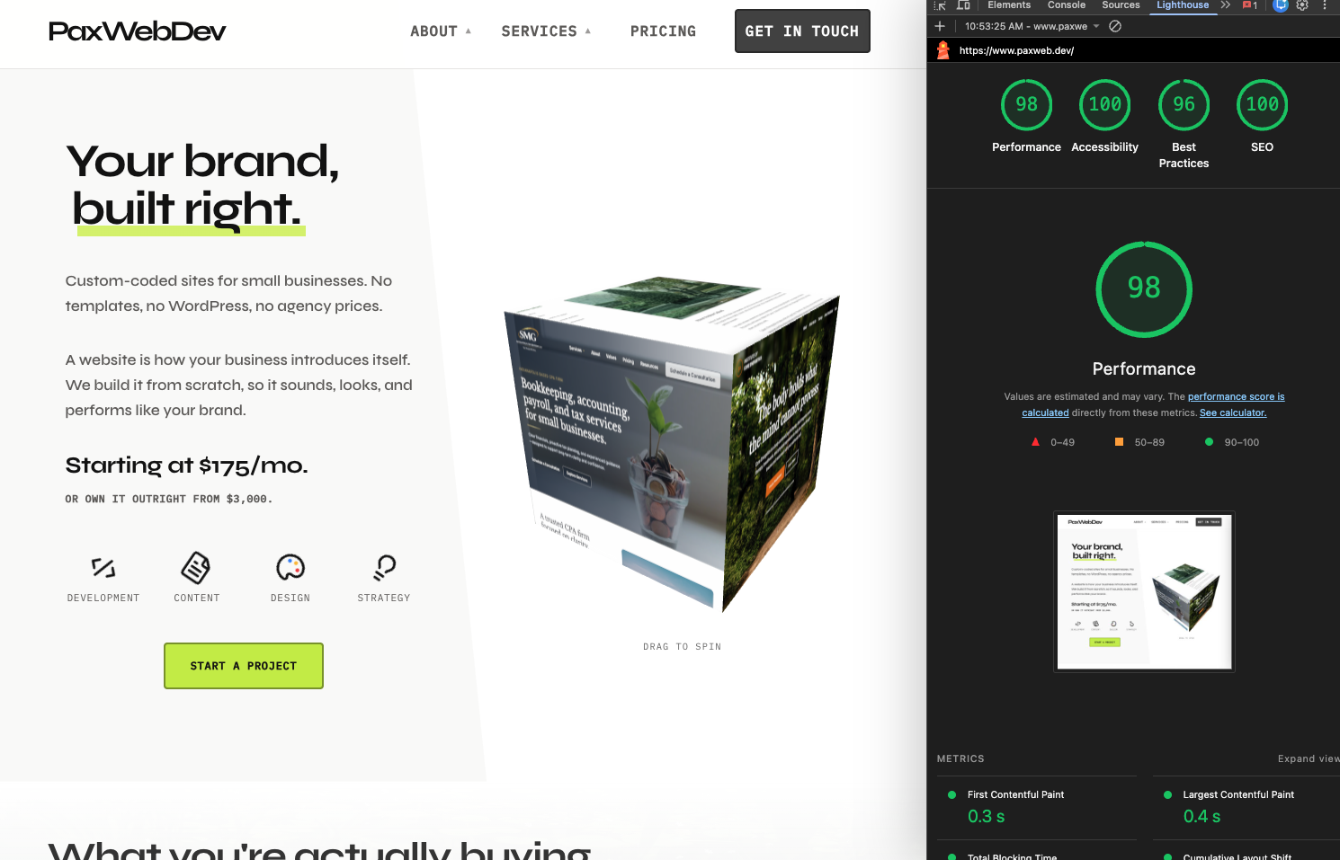 Lighthouse results showing high performance, accessibility, best practices, and SEO scores