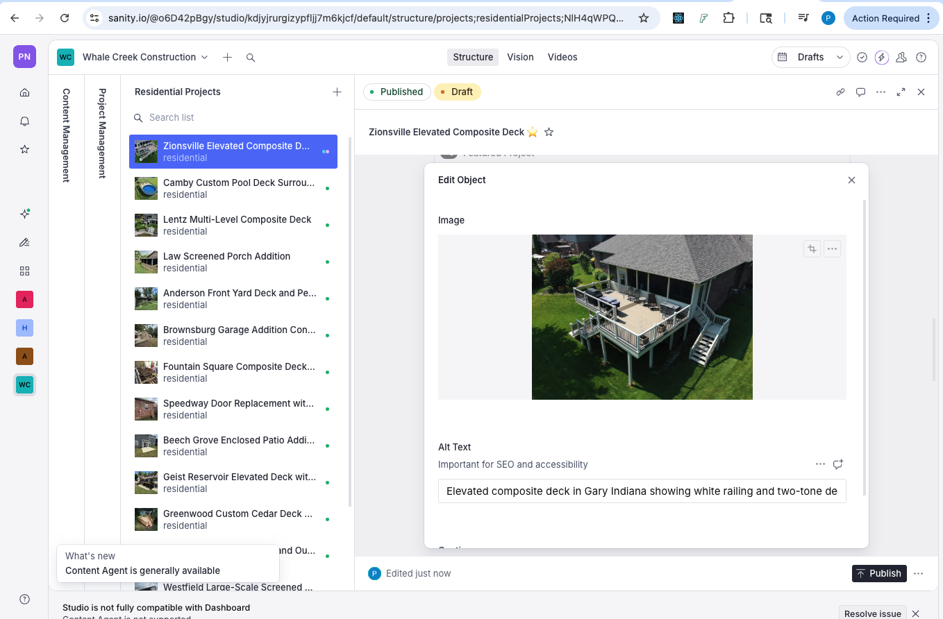 Sanity Studio showing a list of projects and editing an image's alt text