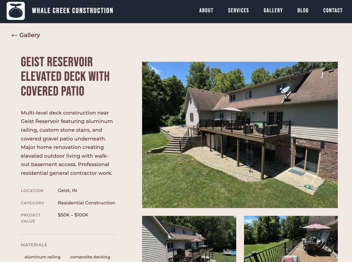 Whale Creek Construction project page showing title, description, location, category, project value, materials, and photo gallery